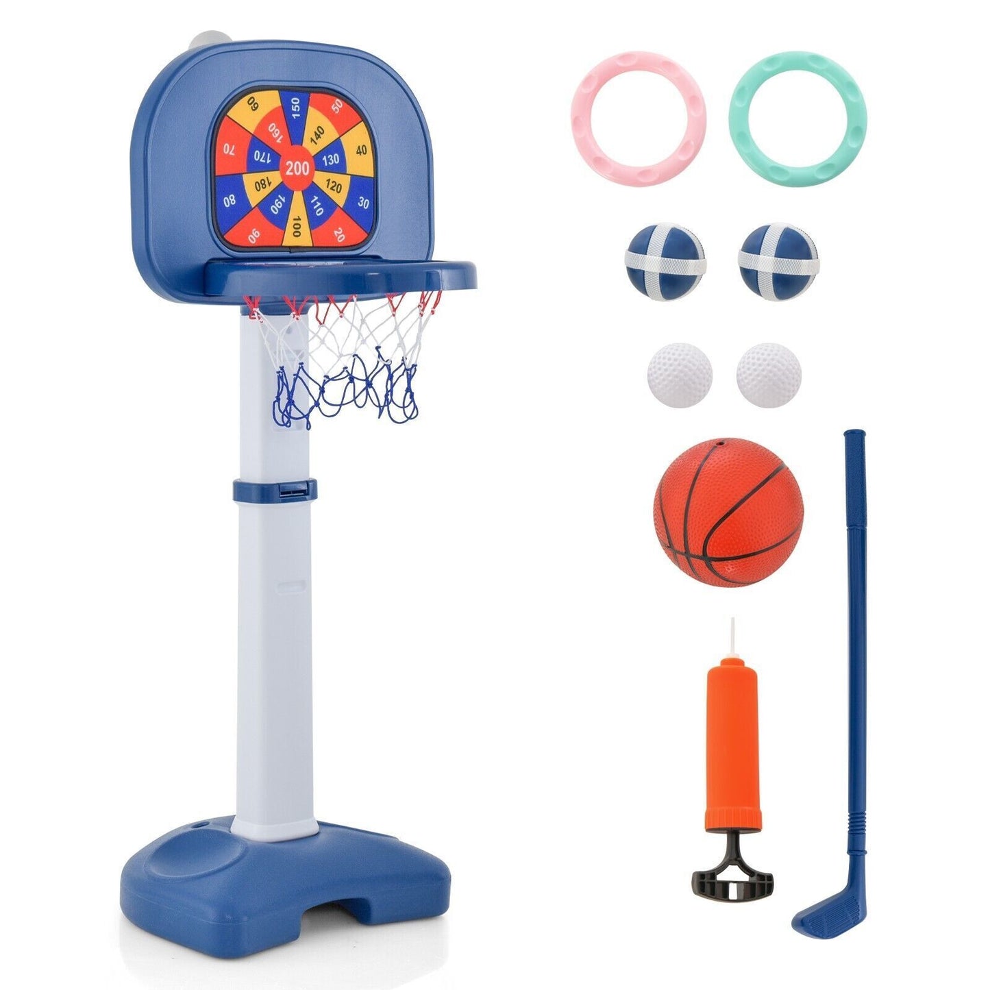 4-In-1 Kids Basketball Hoop Stand Ring Toss Sticky Ball Golf Play Set Adjustable