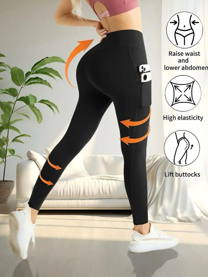 Women High Waist Gym Leggings Pocket Fitness Sports Running Ladies Yoga Pants UK