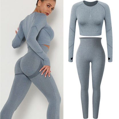 Women Seamless Long Sleeve Crop Top Yoga Suit Gym Leggings Pants Gym Workout Set