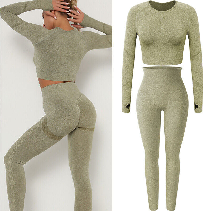 Women Seamless Long Sleeve Crop Top Yoga Suit Gym Leggings Pants Gym Workout Set