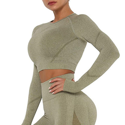 Women Seamless Long Sleeve Crop Top Yoga Suit Gym Leggings Pants Gym Workout Set