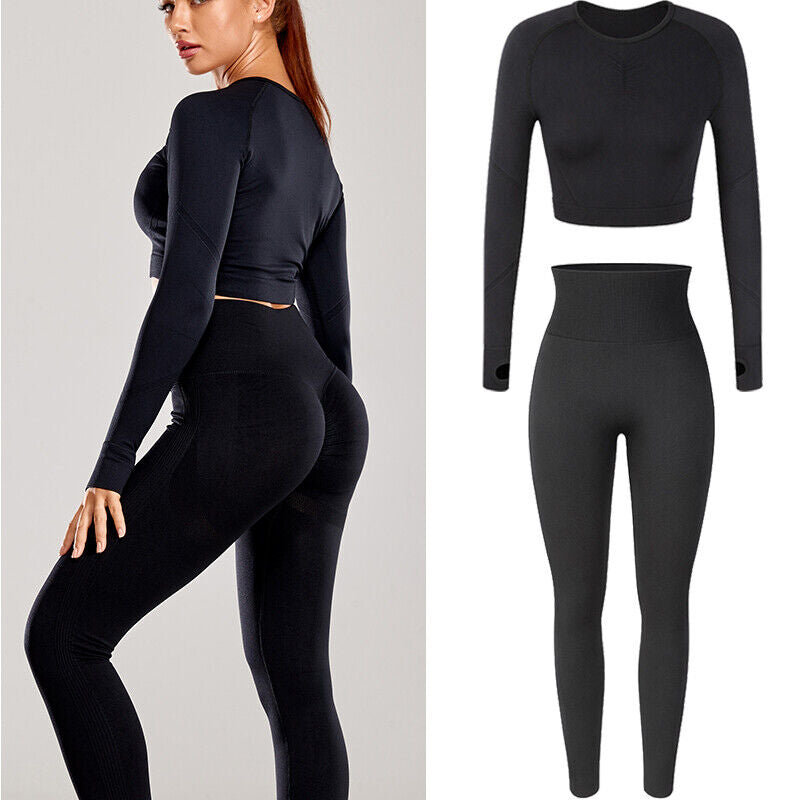 Women Seamless Long Sleeve Crop Top Yoga Suit Gym Leggings Pants Gym Workout Set