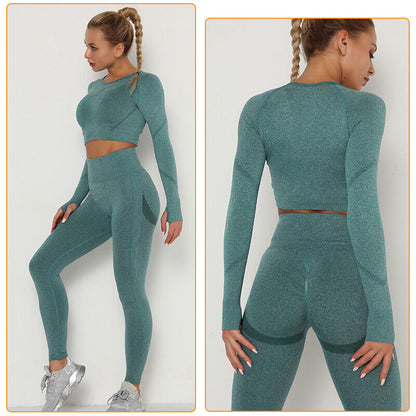 Women Seamless Long Sleeve Crop Top Yoga Suit Gym Leggings Pants Gym Workout Set