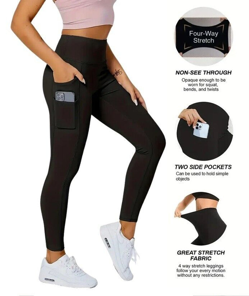 Women High Waist Gym Leggings Pocket Fitness Sports Running Ladies Yoga Pants UK