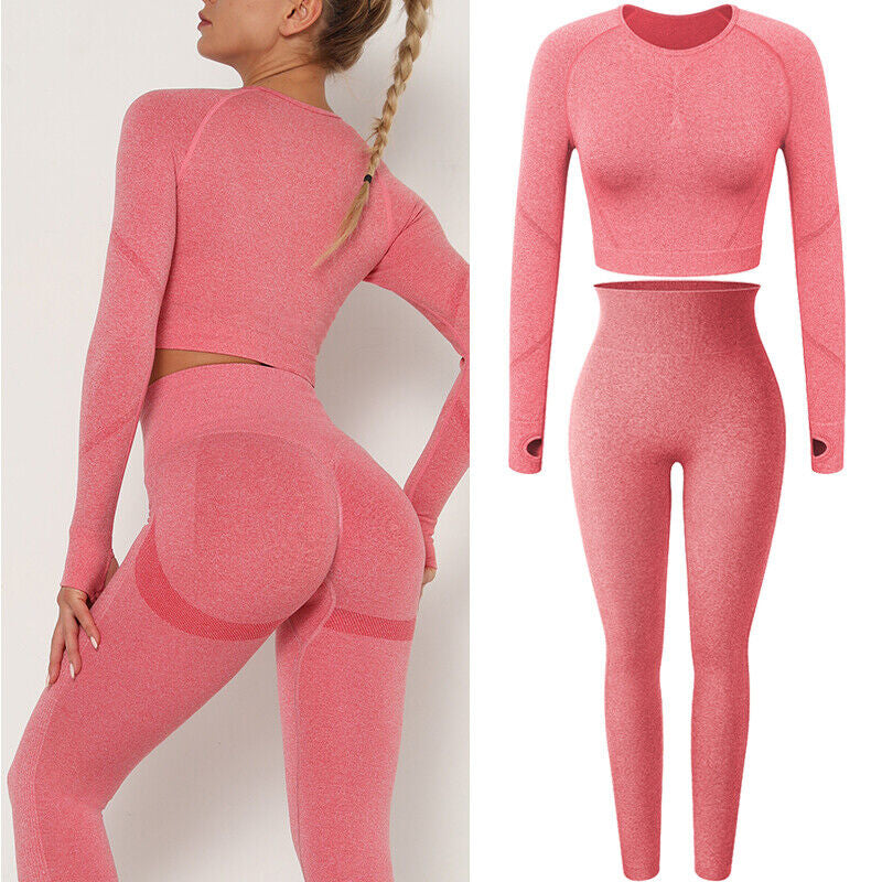 Women Seamless Long Sleeve Crop Top Yoga Suit Gym Leggings Pants Gym Workout Set