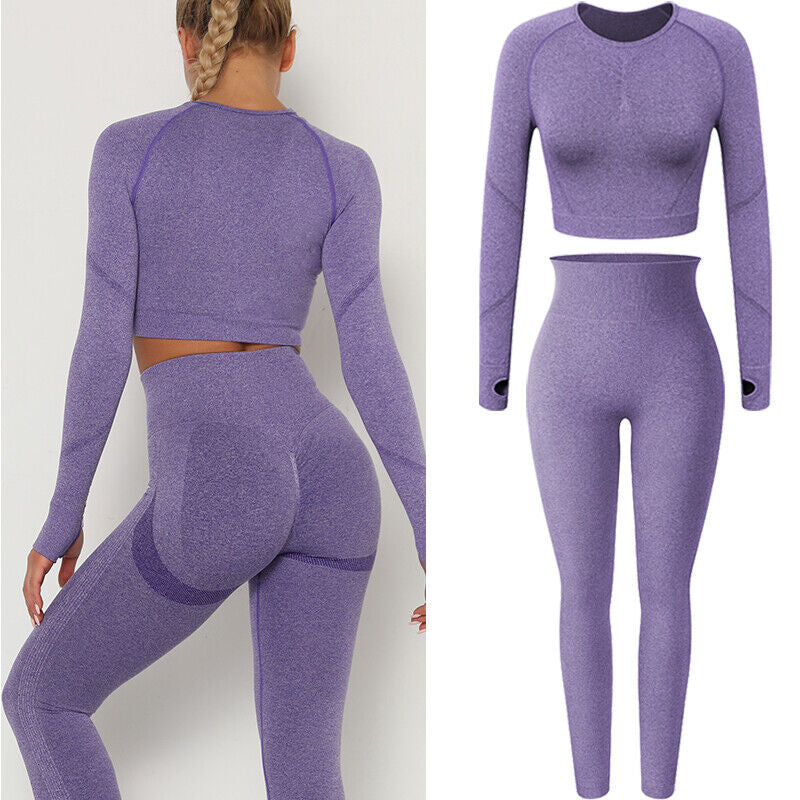 Women Seamless Long Sleeve Crop Top Yoga Suit Gym Leggings Pants Gym Workout Set