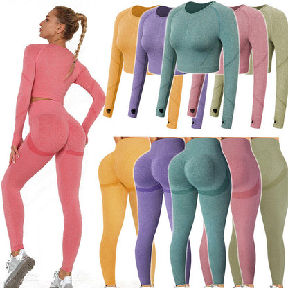 Women Seamless Long Sleeve Crop Top Yoga Suit Gym Leggings Pants Gym Workout Set